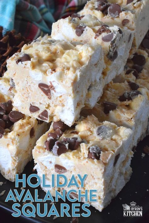 These no-bake treats are prepared with lots of white chocolate, creamy peanut butter, a few cups of rice cereal, and a good helping of marshmallows too. Holiday Avalanche Squares are absolutely delicious! The white chocolate is melted together with the peanut butter, and once cooled, the other ingredients are folded in to create these wonderfully high and cloudy-soft squares! #squares #bars #nobake #christmas #holiday #baking #cookies #chocolate White Chocolate Rice Krispy Marshmallow, Holiday Avalanche Squares, White Chocolate Squares, Christmas Baking With Marshmallows, No Bake Holiday Marshmallow Bars, No Bake Squares And Bars Recipes, White Chocolate Bars Recipes, White Chocolate Cereal Snack, White Chocolate Melts Recipes