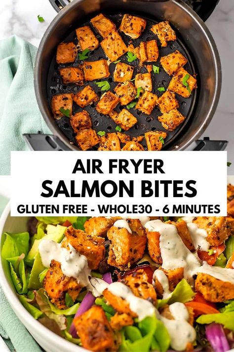 Paleo Air Fryer Salmon, Whole 30 Airfryer Recipes, Air Fryer Salmon Salad, Air Fryer Whole 30 Recipes, Airfry Salmon Bowl, Whole 30 Salmon Bowl, Gluten Free Salmon Bowl, Paleo Salmon Bowl, Quick Dinner Ideas Healthy Air Fryer