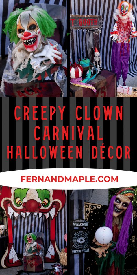 How to decorate your home for Halloween with a terrifying Creepy Clown Carnival theme, sure to scare neighbors and trick-or-treaters! Get all of the horrifying details and tons more Halloween ideas at www.fernandmaple.com. Halloween Clown Theme, Halloween Carnevil Ideas, Haunted House Carnival, Carnival Haunted House Ideas, Creepy Carnival Aesthetic, Halloween Circus Decorations, Creepy Circus Aesthetic, Carnevil Halloween Decorations, Scary Circus Theme Party