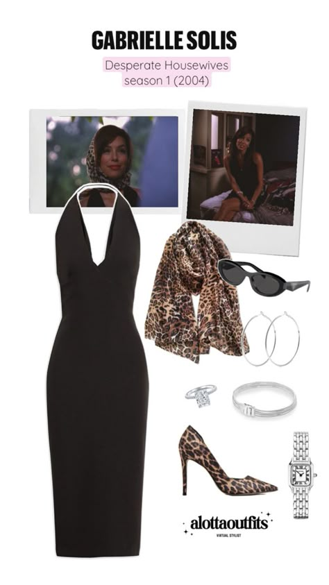 Gabrielle Solis inspired outfit featuring a fitted black dress, leopard heels, and statement jewelry Gabriella Desperate Housewives, Desperate Housewives Style, Gabriella Solis Aesthetic, Gabriel Desperate Housewives, Gabby Desperate Housewives Outfits, Gabby Solis Outfit, Gabriel Solis Outfits, Gaby Solis Outfits, Desperate Housewives Gabrielle