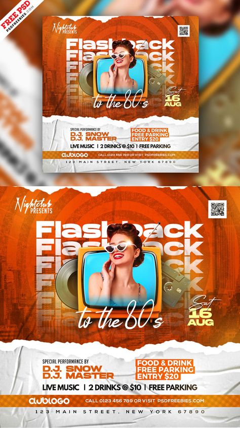 Download our Free Retro Party Night Social Media Post Design PSD. This stylish and classic design is perfect for your upcoming 70s or 80s theme event, party, rock concert, or nightclub gathering. It can also be used as a retro flyer, 80s flyer, 90s flyer, vintage flyer, birthday flyer, and more. Vintage Social Media Design, Retro Event Poster, 90s Flyer, Birthday Graphic Design, Retro Design Poster, Vintage Flyer, Retro Night, 70s Design, Flyer Free