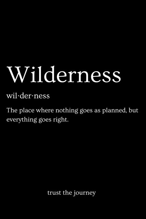 Inspirational quote about wilderness on a black background, defining wilderness as the place where nothing goes as planned, but everything goes right. 🌲🏞️ Wilderness Quotes, Trust The Journey, Camping Quotes, Wild Adventures, Everything Goes, The Wilderness, Wise Quotes, Nature Lover, The Journey