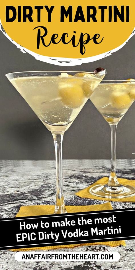 Two Dirty Martini Cocktails with stuffed olives in them. Best Martini Recipe Cocktails, Classic Martini Recipes, Irish Martini, Flavored Martini Recipes, Filthy Martini Recipe, Best Martini Recipe, Extra Dry Martini Recipe, Spicy Martini Recipes, Martini Recipe