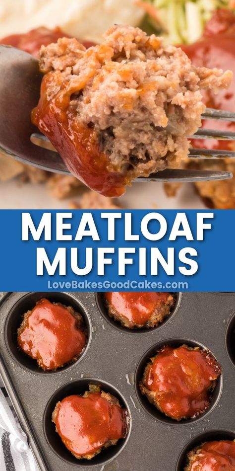 Meatloaf Muffins pin collage High Protein Meatloaf, Muffin Pan Meatloaf, Pan Meatloaf, Meatloaf Muffins Recipe, Mini Meatloaf Recipes, Mini Meatloaves, Mini Meatloafs, Classic Meatloaf Recipe, Meatloaf Muffins