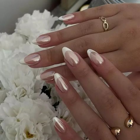 30 Ideas for Trendy White Wedding Nails Coffin Chrome Nails, French Tip Nails With Chrome, French Tip With Chrome, Summer Nails Chrome, Nail Ideas Chrome, Nail Designs Chrome, Chrome Nails French Tip, French Tip Chrome Nails, French Chrome Nails