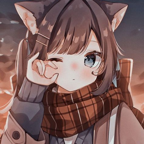 Anime Cat Ears, Anime Brown Hair, Fall Anime, Cat Ears And Tail, Autumn Scarf, Anime Kitten, Profile Icon, Aesthetic Cat, Hu Tao