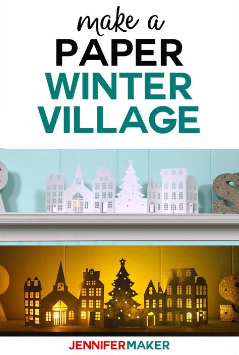 Make a Paper Christmas Village & Houses with this free pattern and SVG cut file for the Cricut! #christmas #papercraft #cricut #luminary #svgcutfile Paper Christmas Village, Diy Christmas Village Houses, Christmas Papercraft, Jennifer Maker, 3d Templates, Diy Christmas Village, House Template, Sweet Paper, Christmas Village Houses