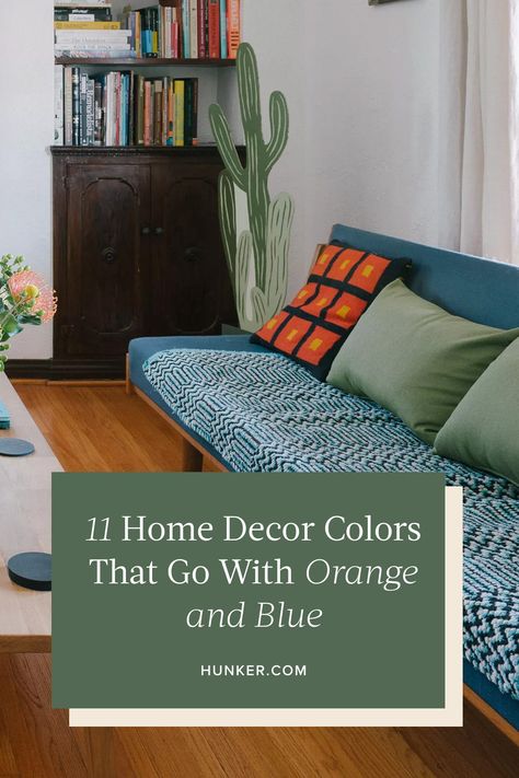 Blue Orange And Yellow Living Room, Blue Green Orange Home Decor, Orange And Blue Living Room, Blue And Orange Living Room, Terracotta Living Room, Blue Family Rooms, Light Blue Living Room, Blue And Green Living Room, Orange Couch