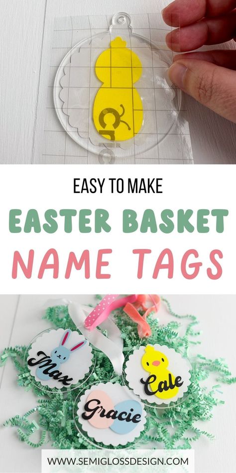 Make name tags to label Easter baskets. Use your Cricut to make these cute name tags with acrylic blanks and vinyl. Free SVGs to download. Cute Name Tags, Fun Cricut Projects, Easter Name Tags, Easter Basket Name Tags, Unique Craft Ideas, Home Sewing Projects, Easy Craft Ideas For Kids, Simple Decor Ideas, Easter Baskets To Make