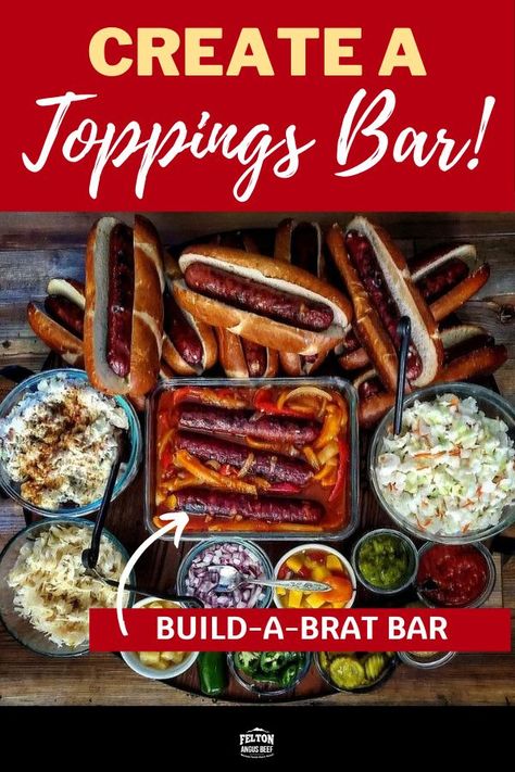 For this Build-A-Brat bar we wanted to show off our go-to toppings for savory and sweet options. #brats #bratwurst #laborday #party #bratbar Bratwurst Party Ideas, Brats For A Crowd, Bratwurst Topping Ideas, Burgers And Brats Party, Beer And Brats Party, Brat Charcuterie Board, Bratwurst Bar Ideas, Toppings For Brats, Best Brats Recipes