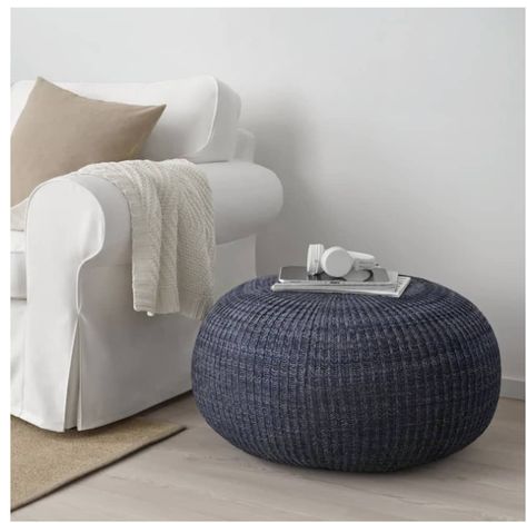 Navy blue knit pouf ottoman from IKEA Pouffe Living Room, Ikea Ranarp, Ikea Dining Table, Ikea Nightstand, Knitted Pouffe, White Couch, Ikea Catalog, Boho Chair, Games Room