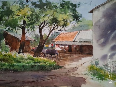 Village Composition Painting, Watercolor Scenery Painting, Village Scene Drawing, Village Drawing, Landscape Painting Watercolor, Drawing Scenery, Watercolor Scenery, Watercolor Art Landscape, Watercolor Paintings Nature