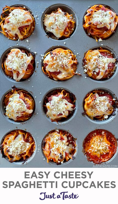 Top-down view of muffin tin containing Easy Cheesy Spaghetti Cupcakes topped with grated Parmesan cheese. Spaghetti Appetizer Parties, Spaghetti Cups Muffin Tins, Spaghetti Appetizer Recipes, Muffin Pan Dinner Ideas, Spaghetti Appetizer, Spaghetti Bites, Old Dinner Recipes, Cupcake Pan Recipes, Spaghetti Cupcakes