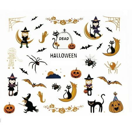 Fingernail decals/nail wraps are all the rage now, get your nail fix with these spooky Halloween themed decals featuring spider webs, witch, black cat, Jack-o-Lantern, spiders COLOR: As the pictures show. PACKAGE CONTENT: 1 Sheet Nail Wraps/ Stickers , wraps in different sizes QUALITY: 100% brand new and high quality SUPER EASY TO USE: 1) cut out decal and soak in water for 5 seconds 2) Apply to your fingernails 3) Trim off any excess 4) Apply topcoat or Gel to keep keep the design a long time. Ongles Halloween, Halloween Nail Decals, House Decals, Snowflake Nail Art, Skull Decal, Gothic Nails, Jack O'lantern, Floor Decal, Snowflake Nails