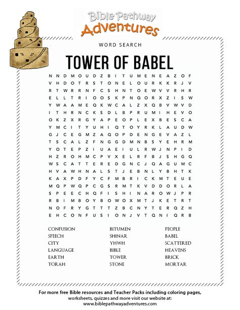 Enjoy our free Bible Word Search: Tower of Babel. Fun for kids to print and learn more about the Bible. Feel free to share with others, too! Construction Vbs, Bible Puzzles, Gospel Project, Kids Church Activities, Bible Basics, Bible Teaching, Group Crafts, Tower Of Babel, Kids Ministry