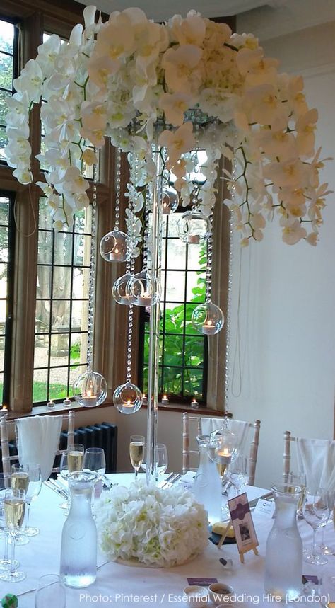 Hanging Glass Globes, Tall Centerpiece, Silk Orchids, Candle Wedding Centerpieces, Tall Centerpieces, Wedding Table Flowers, Wedding Hire, Glass Globes, Table Centers