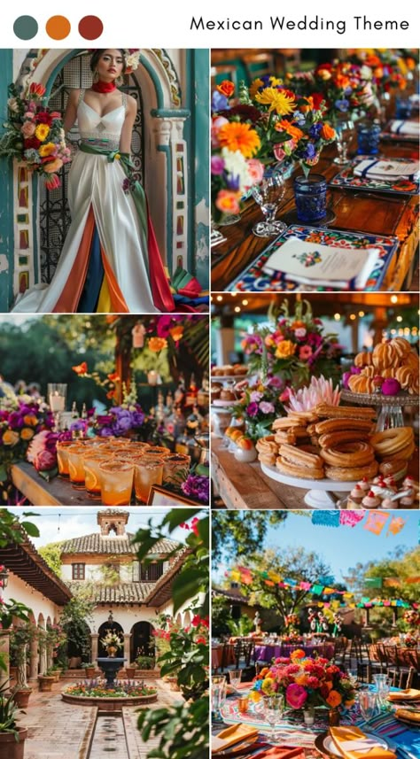 Pin this for a vibrant Mexican-themed wedding featuring rich cultural traditions, lively colors, and flavorful cuisine. From mariachi music to salsa dancing, the theme promises an unforgettable celebration, whether held on a Mexican beach or transformed local venue. Mexican Fall Wedding Ideas, Guatemalan Inspired Wedding, Mexican Vow Renewal, Wedding Theme Mexican, Fall Mexican Wedding Colors, Mexican Reception Wedding, Boho Mexico Wedding, Coco Wedding Theme, Mexican Fiesta Wedding Theme