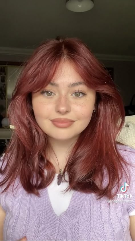 Face Claims Female Innocent, Pink Hair Professional Look, Blush Red Hair, Spicy Cinnamon Hair Color, Red Wine Short Hair, Dark Red Short Hair With Bangs, Auburn Pink Hair, Dark Red Hair With Curtain Bangs, Red Brown Hair Asian