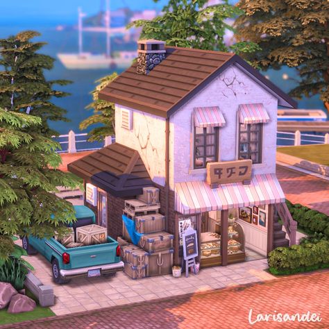 Follow me on Ig @larisandei for more The Sims 4 content! Sims 4 Houses Design, The Sims 4 Build Inspiration, Sims 4 New Crest Ideas, Sims 4 Small Business, Sims Bakery Build, Not So Berry Challenge Sims 4 Base Game, Sims 4 Shops Ideas, Sims Shop Ideas, Container Home Sims 4