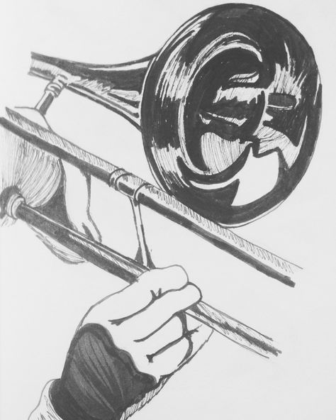 Trombone player: pen and ink Trombone Sketch, Trombone Drawing, Watercolour Objects, Trombone Art, Pretty Instruments, Animal Tattoo Ideas, Color Drawing Art, Music Illustration, Music Tattoo