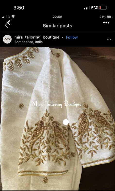 Off White Silk Blouse Designs Work, White And Gold Blouse Designs, White Blouse With Gold Work, White Blouse With Gold Embroidery, White Zardosi Work Blouse, Cream Colour Blouse Work Designs, Cream Color Blouse Work Designs, Khatwork In Blouse, White Blouse Hand Work Design