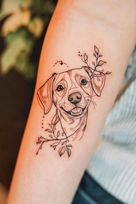 Tattoo of a happy dog's face with leaves and dots around it on a person's arm. Dog Tattoo Ideas Labrador, Pet Portrait Tattoo Ideas, Dog Idea Tattoos, Realistic Dog Portrait Tattoo, Dog Tattoo Placement For Women, Pet Portrait Tattoo Placement, Fun Dog Tattoo, Dog Back Tattoo, Meaningful Dog Tattoos