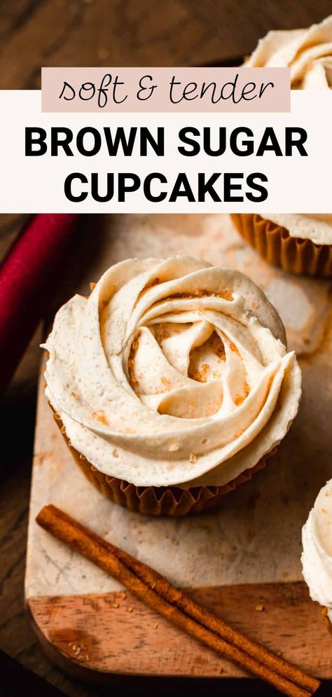 These simple brown sugar cupcakes are fluffy, moist, flavorful, and comforting. Topped with fluffy brown sugar buttercream frosting, this cupcake recipe has a rich flavor, is definitely a crowd pleaser, and is bakery worthy! Brown Sugar Recipes Easy, Brown Sugar Recipes Dessert, Brown Butter Cupcakes, Brown Sugar Cupcakes Recipe, Homemade Cupcake Recipes From Scratch, Brown Sugar Buttercream Frosting, Brown Sugar Cupcakes, Cupcake Desserts, Brown Sugar Buttercream