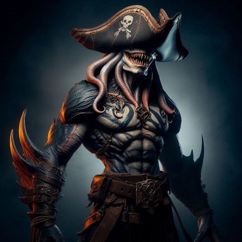 #fantasy #dark #anthropomorphic #shark #humanoid #pirate #characterdesign #hybrid #aiart #aiartcommunity #aiartwork #aiartist #aiartists #digitalart #digitalartist #digitalartwork #creative #imagination Shark Humanoid, Humanoid Shark, Hybrid Oc, Creative Imagination, Sea Animal, Sea Animals, Dark Fantasy, Octopus, Digital Artwork