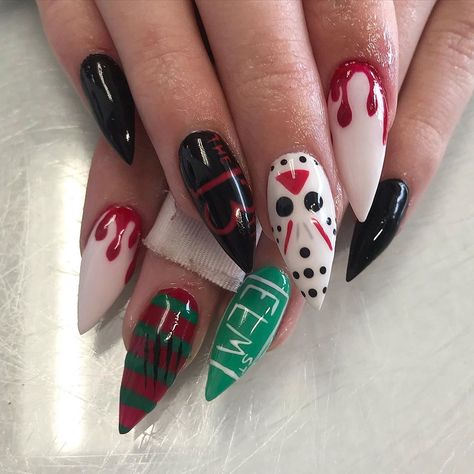 Friday the 13th/Nightmare on Elm Street nails Friday 13 Nail Art, Friday The 13 Nail Art, Jason Voorhees Nail Art, Friday The 13th Nails Acrylic, Friday 13 Nails, Friday 13th Nails, Jason Nail Art, Friday The 13 Nails, Jason Halloween Nails