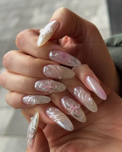 Fairy Inspired Nails, Cute Korean Nails, Fairy Nail Art, Korean Nails, Inspired Nails, Cute Acrylic Nail Designs, Pretty Gel Nails, Really Cute Nails, Acrylic Nails Coffin Pink