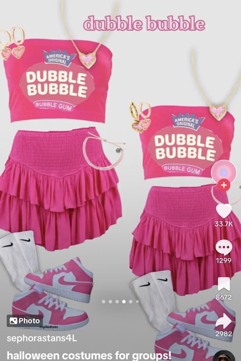 Double Bubble Halloween Costume, Double Bubble Costume, Cutesy Costumes, Bubble Gum Halloween Costume, Bubble Gum Costume, Halloween Duo Costumes, Bubble Costume, Pink Roller Skates, Halloween Duo