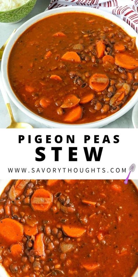 Instant Pot Pigeon Peas - A satisfying vegan stew, straight from my native country, Haiti. This humble pigeon peas quickly comes together to complete a satisfying meal. #instantpot #pigeonpeas #stew #pigeon #peas #haitian #haitianrecipes #stewrecipes via @Msavorythoughts Pigeon Pea Recipes, Pigeon Pea Soup, Gungo Peas Soup, Pigeon Recipes, Pigeon Peas Recipe, Vegan Stew Recipes, Peas Soup, Field Meals, Food Grains