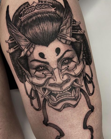 Henya Masks Tattoo, Japanese Tattoo Art Oni, Hannya Maske Tattoo, Mask Tattoos, Hannya Maske, Japanese Mask Tattoo, Oni Mask Tattoo, Oni Tattoo, Hannya Mask Tattoo