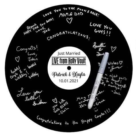 Custom vinyl record with personalized label in the middle of the record. The label is totally customizable and can be any picture, color, or font you would like to have! Perfect for Weddings, Anniversaries, Birthdays, or any Celebration!! Please contact me if you have any questions or ideas!! Thanks for checking out Robson Records! Vinyl Record Guest Book Sign, Celebration Pictures, Record Wedding, Custom Record, Personalized Wedding Decor, Wedding Guest Books, Birthday Personalized, Custom Label, Vinyl Signs