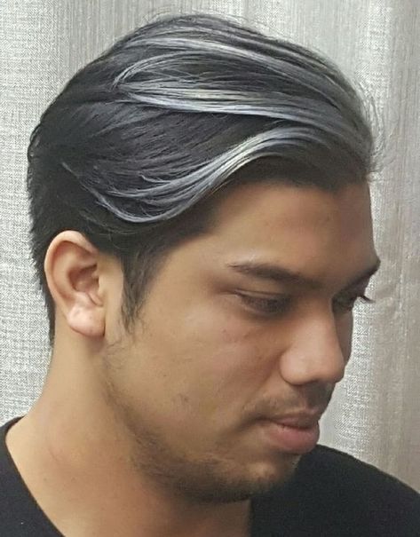 Asian Black Hair, Ash Gray Hair Color, Silver Hair Highlights, Streak Ideas, Mens Hair Colour, Grey Highlights, Hair Silver, Silver Ombre, Hair Color Streaks