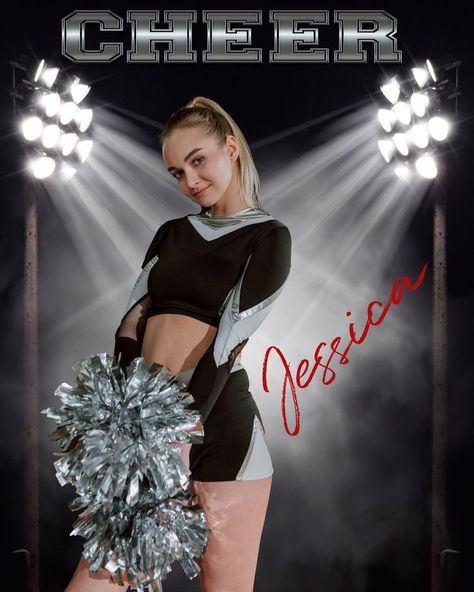 Backdrop Cheer Leading Photoshoot, Cheer Banner Pictures, Senior Cheerleading Pictures, Individual Cheer Picture Poses, Cute Cheer Poses Individual, Cheerleading Portraits, Cheerleader Photoshoot Ideas, Cute Cheer Poses, Cheer Picture Poses Individual