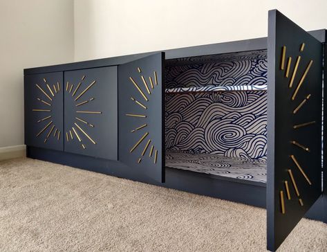 Art Deco inspired sideboard with brass sunburst door design in Midnight Blue and papered interior 1920s Inspired Interior Design, Art Deco Mudroom, Art Deco Entertainment Center, Art Deco Tv Wall, Art Deco Cupboard, Art Deco Interior Doors, Small Art Deco Bedroom, Diy Art Deco Furniture, Art Deco Kitchen Modern