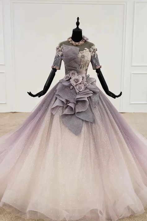 Sparkly Ball Gown Half Sleeves Wedding Dress with Flowers, Gorgeous Pr – Simibridaldresses Sparkly Ball Gown, Half Sleeve Wedding Dress, Purple Ball Gown, Gaun Abad Pertengahan, Short Sleeve Wedding Dress, Ombre Prom Dresses, Elegant Ball Gowns, Princess Prom Dresses, Formal Ball Gown