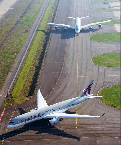 Qatar Airways Airbus A350-941 A7-ALA is trailed by Qatar Airways Airbus A380-861 A7-APD as they taxi out for take off on their respective delivery flights at Toulouse-Blagnac on December 23, 2014. With this Airbus XWB, Qatar Airways was the launch customer for the A350. (Photo: © DOUMENJOU Alexandre - MasterFilms / Airbus) Lot Airlines, Airplane Drone, Airplane Pictures, Airplane Photos, Track Pictures, Plane Photos, Commercial Plane, Aviation Posters, Airplane Photography