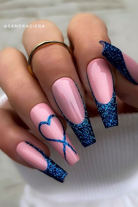 Long coffin glitter French deep blue Valentine’s Day nails over nude pink base color and a glitter deep blue heart shape Glittery French Tips, Glitter French Nails, Blush Pink Nails, Blue Coffin Nails, Classy Nail Designs, Blue Valentine, Heart Flutter, Pink Nail Designs, French Tips