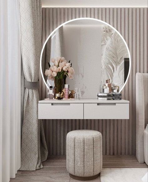 Vanity Living Room Ideas, Dressing Table Ideas Round Mirror, Table With Round Mirror, Beedrom Ideas, Dressing Table Round Mirror, Mirror Dressing Table Round, Circle Mirror Dressing Table, Drasing Table Mirror Design, Dressing Table Decor