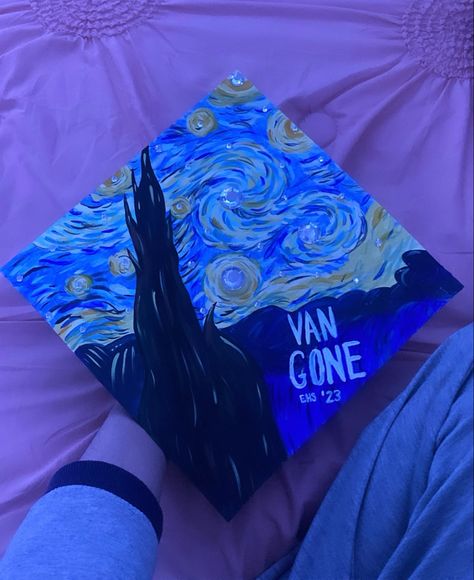 Van Gogh inspired custom graduation cap Art Grad Cap, Van Gogh Graduation Cap, Art Education Graduation Cap, Artsy Graduation Cap, Graduation Cap Designs For Artist, Graduation Cap Ideas High School, Artistic Hand-painted Cap, Custom Graduation Caps, High School Graduation Cap