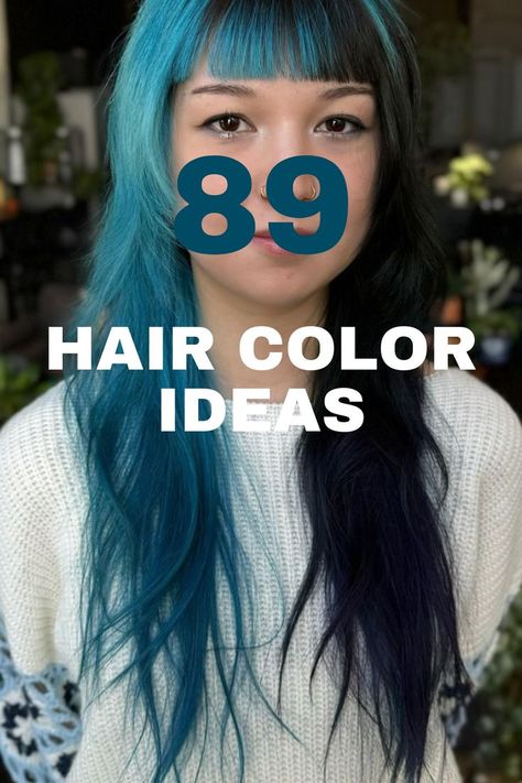 A long split-dye hairstyle with one side vibrant blue and the other side black, styled with blunt bangs. Unique Hair Dye, Trending Hair Colors, Rose Gold Highlights, Two Toned Hair, Split Dyed Hair, Trending Hair, Color Safe Shampoo, Rich Brunette, Black Hair Dye