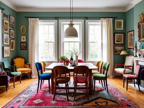 Transform your dining experience with this eclectic dining room! 🌈 Mismatched bright chairs add personality around a wooden table, while a stunning gallery wall showcases art in diverse styles. The colorful area rug and stylish pendant lights create a vibrant and inviting atmosphere that will impress your guests. Perfect for lively gatherings! ✨ Multi Colored Dining Room Chairs, Eclectic Dining Chairs Mix Match, Dining Table Mixed Chairs Vintage, Colorful Mcm Dining Room, Bright Dining Room, Mismatched Vintage Dining Chairs, Dining Room With Hutch, Colorful Dining Room, Colorful Dining Room Chairs