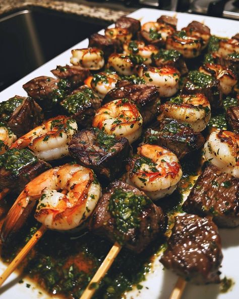 Surf & Turf Meets Chimichurri Surf N Turf Recipes, Gourmet Grilling, Chimichurri Recipe, Veggie Skewers, Zesty Sauce, Steak And Shrimp, Surf Turf, Surf And Turf, Skewer Recipes