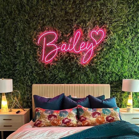 Personalized Sign Wall Decor Led Neon Light - Temu Australia Faux Leaf Wall Decor, Grass Wall With Neon Sign Bedroom, Neon Name Sign Bedroom, Neon Wall Design, Office Ambience, Record Corner, Neon Lights Wedding, Bailey Name, Neon Sign Name