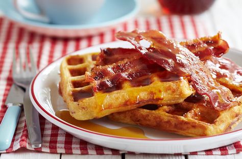 James Martin pulls out the waffle iron for an all-American breakfast of sweet waffles with crisp streaky bacon and maple syrup. These delicious morning treats are easy to make and are perfect for treating the whole family to a sit down meal or cheeky breakfast in bed. They only take 20 mins to cook and are delicious topped with salty bacon which works really well with the sweetness of the waffle and the maple syrup. Make sure the batter has no lumps for the perfect waffle recipe. This waffle... James Martin Recipes, Bacon Waffles, Waffle Ingredients, Breakfast Waffles, James Martin, Food Channel, Waffle Recipes, Waffle Maker, Best Breakfast