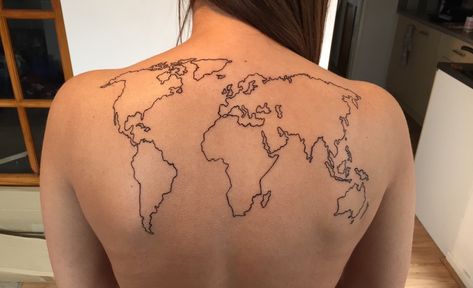 @abutler1400 World Map Tattoos, Map Tattoos, World Tattoo, Back Tattoos, Minimal Tattoo, Tattoo Inspo, Travel Tattoo, Tattoos With Meaning, Black & White