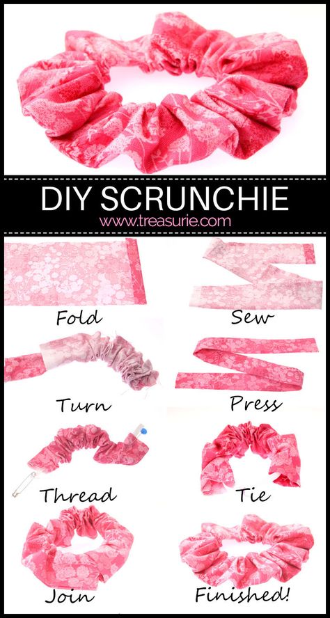 How to Make a Scrunchie |DIY Scrunchie {2 sizes} | TREASURIE Diy Scrunchie, Create Kids Couture, How To Make Scrunchies, Hair Ties Diy, Diy Hair Scrunchies, Diy Sewing Tutorials, Scrunchies Diy, Sewing Projects For Beginners, Diy Bow