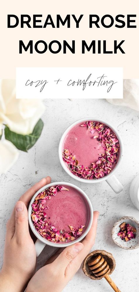 This pink rose moon milk with serve you all the sweet dreams you've been longing for. It is made with beetroot powder, oat milk, tart cherry juice (a natural source of melatonin, ashwagandha, and rose water. #pinkmoonmilk #roserecipes #vegandrinks #sleeptea Moon Milk Recipe, Rose Latte, Moon Milk, Milk Tea Recipes, Get Some Sleep, Tea Drink Recipes, Tonic Recipe, Tart Cherry Juice, Beetroot Powder